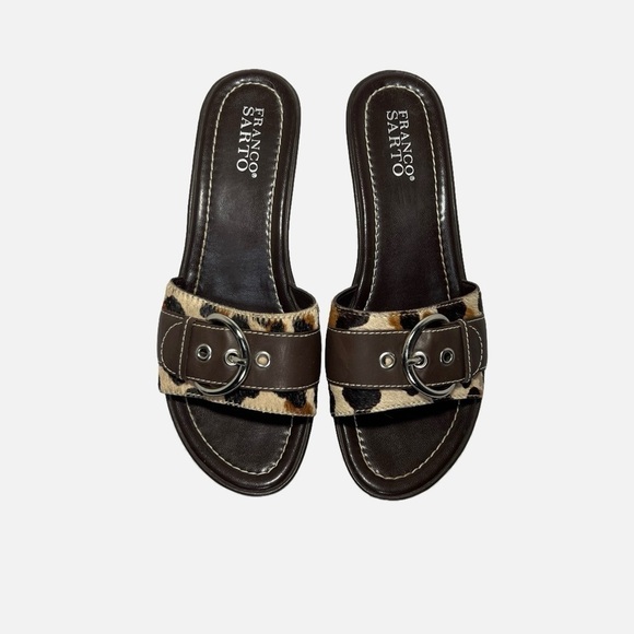 Franco Sarto Brown Tan Black Wedge Sandal Calf Hair Leather Womens size 9.5 - Picture 3 of 10